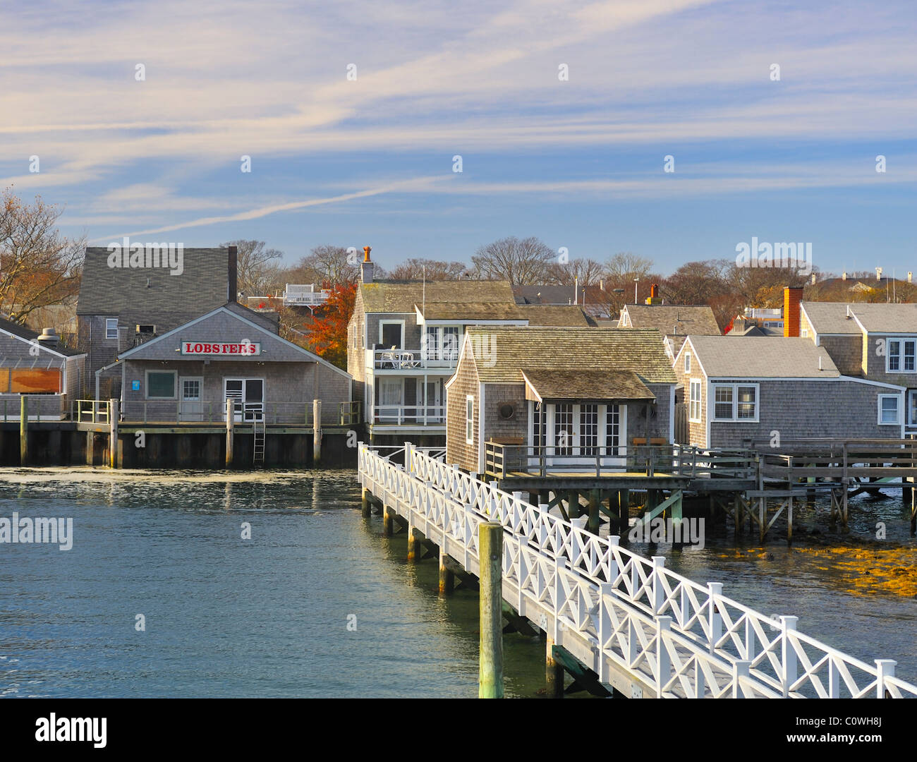 Wide angle view of the island from the ferry arriving at Nantucket Harbor in the Autumn, Nantucket, Massachusetts, USA Stock Photo