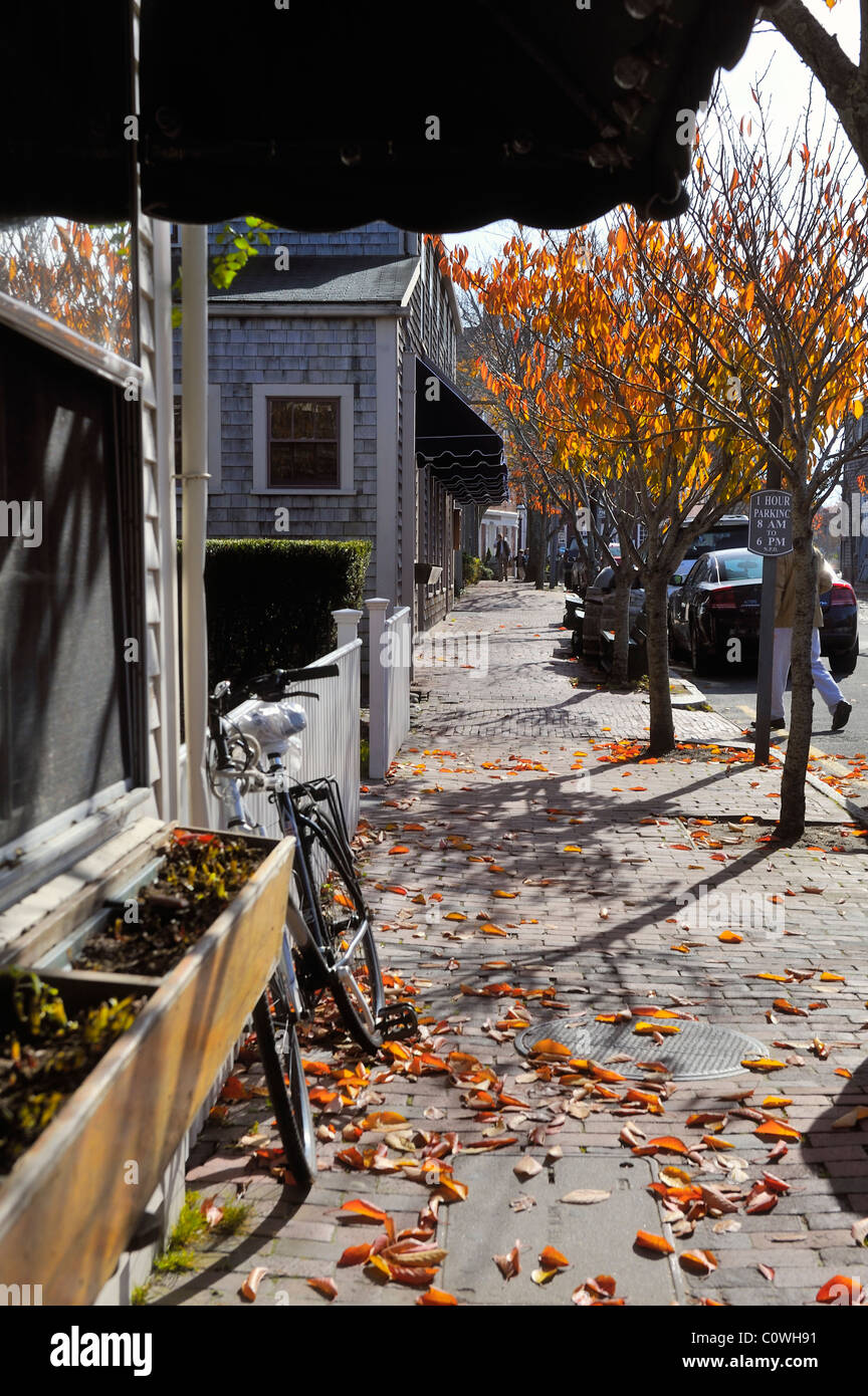 Quaint cobblestone street with golden orange fallen leaves and bicycle Nantucket Massachusetts USA Autumn Fall November. Stock Photo