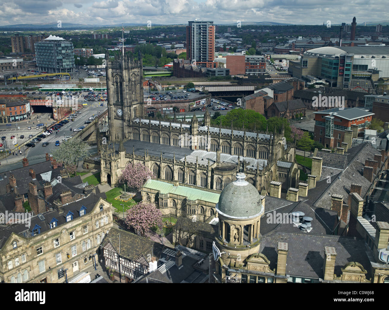 High level view of Manchester Cathedral Stock Photo