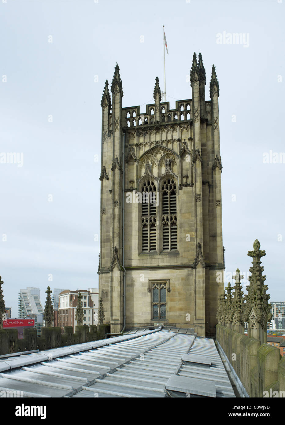 Roof level view of the tower of Manchester Cathedral Stock Photo