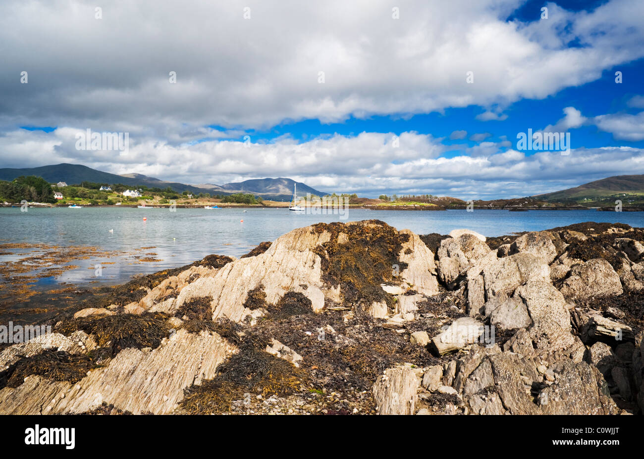 Castletownbere Harbour, Bantry Bay, County  Cork, Ireland, with Hungry Hill and Bere Island in the background Stock Photo