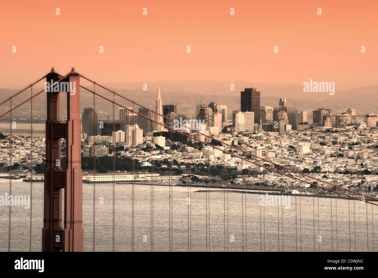 Usa, California, San Francisco, City Skyline and Golden Gate Bridge Stock Photo
