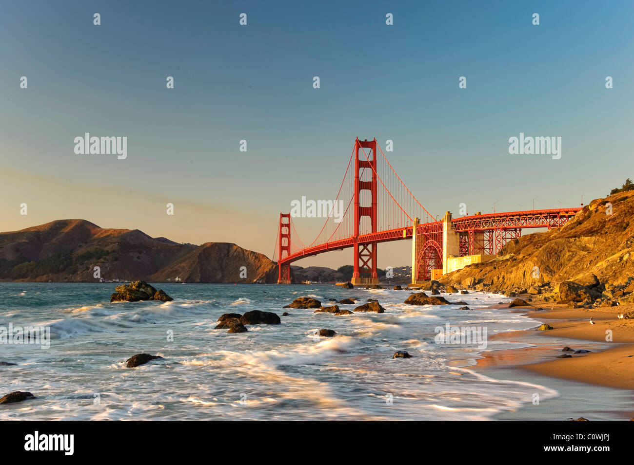 Usa, California, San Francisco, Baker's Beach and Golden Gate Bridge Stock Photo