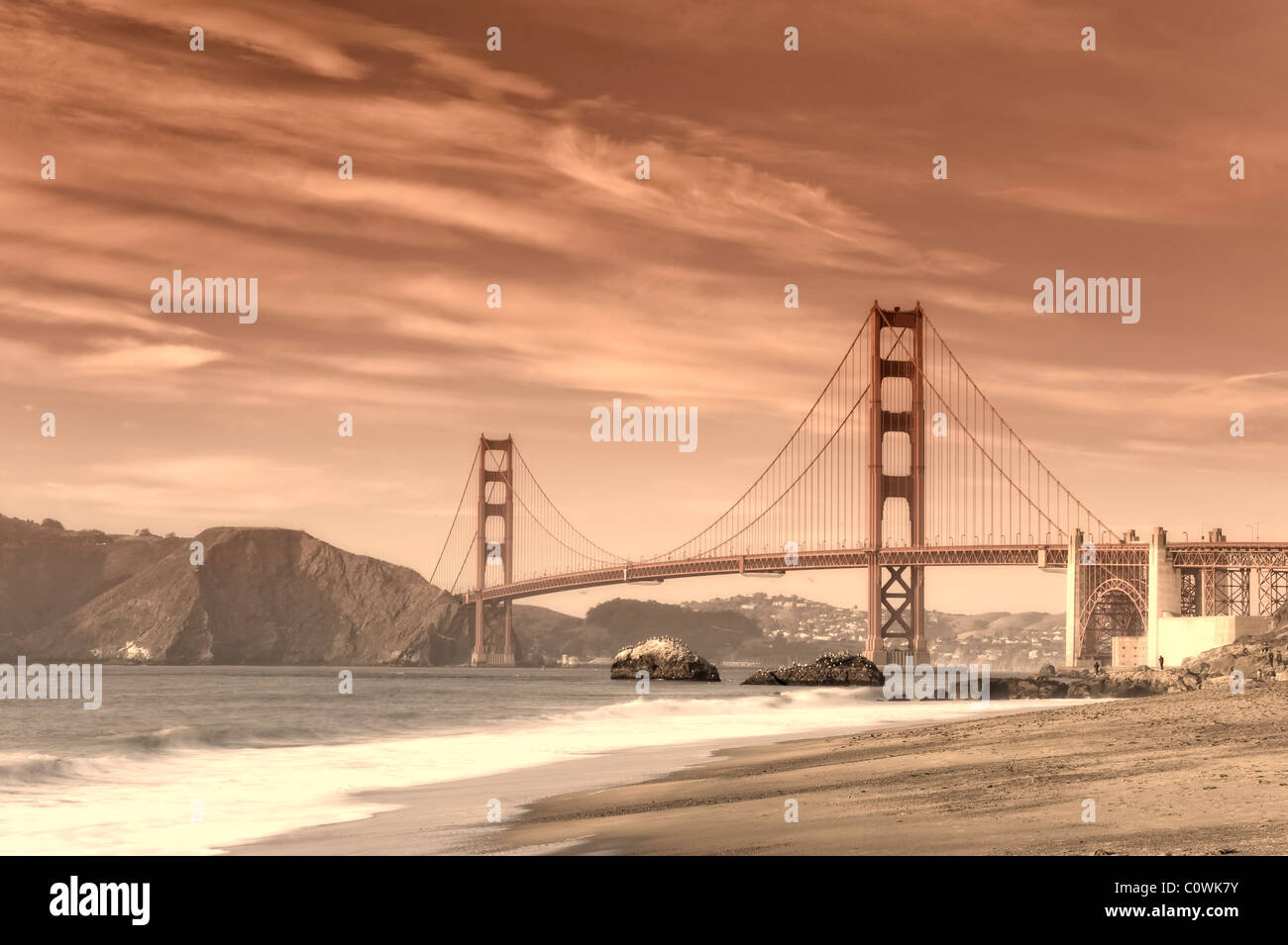 Usa, California, San Francisco, Baker's Beach and Golden Gate Bridge Stock Photo