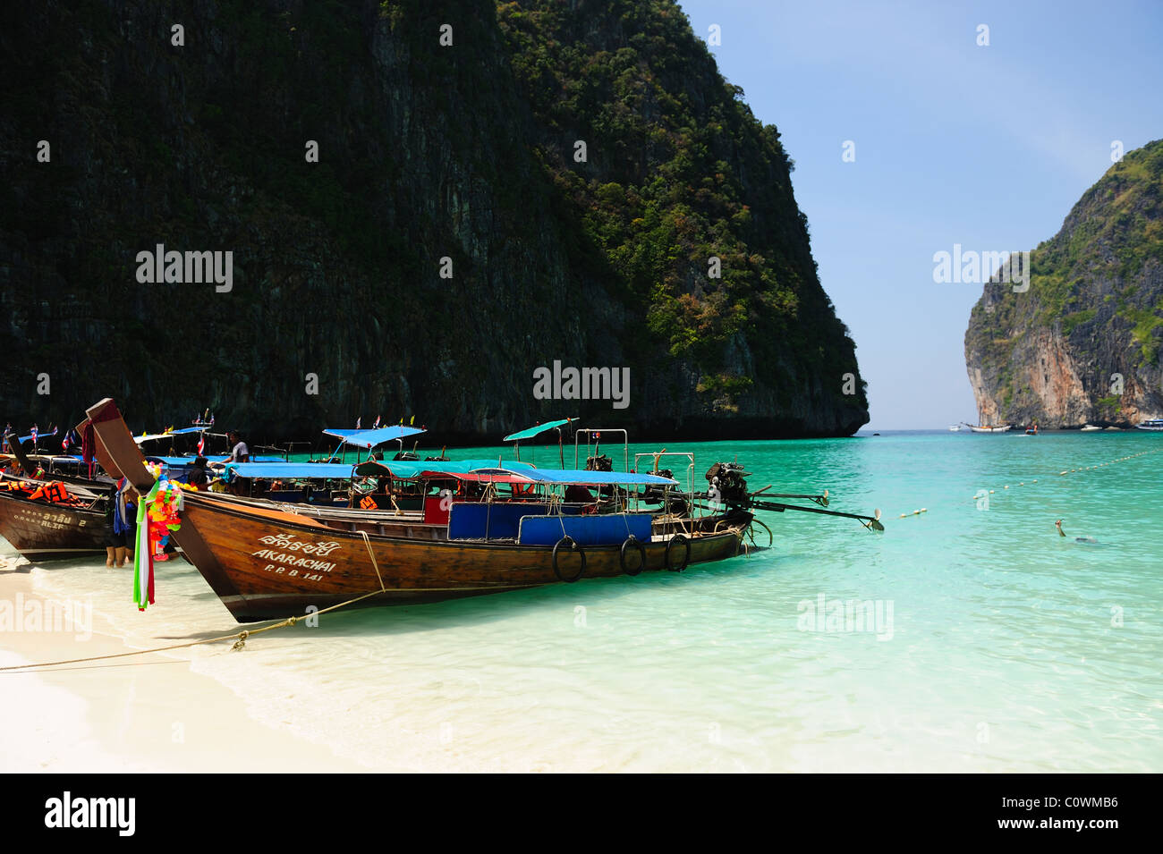 Long tail boats Maya bay of Phi Phi island, Phuket province, Thailand Stock Photo