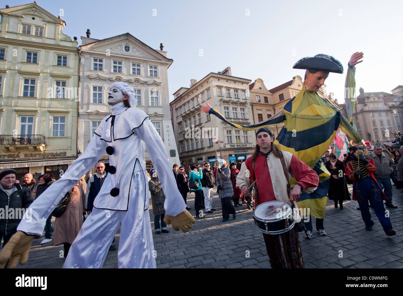 Carnival procession walks through the center of Prague during the start