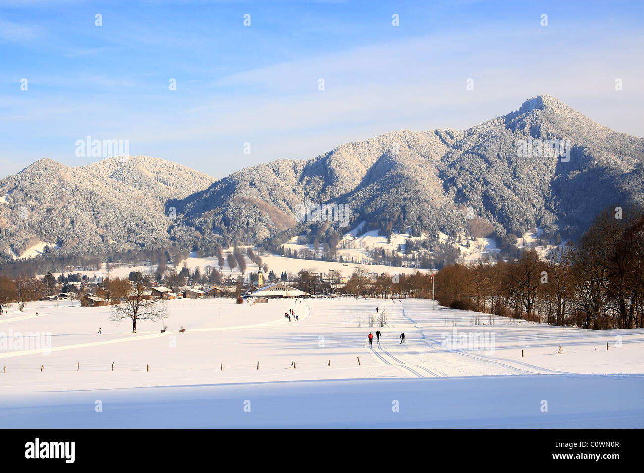 Skiers on trail. Cross country ski area in Lenggries. Upper Bavaria. Germany. Stock Photo