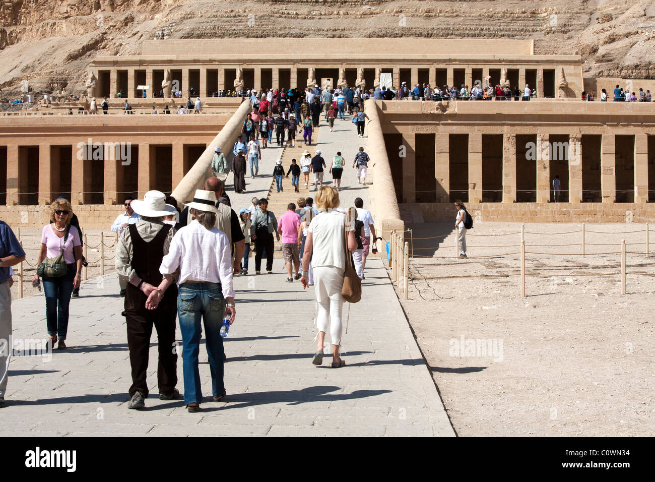 The Temple of Hatshepsut in the Deir al Bahri is a major tourist stop for many Nile Valley  tour groups. Stock Photo