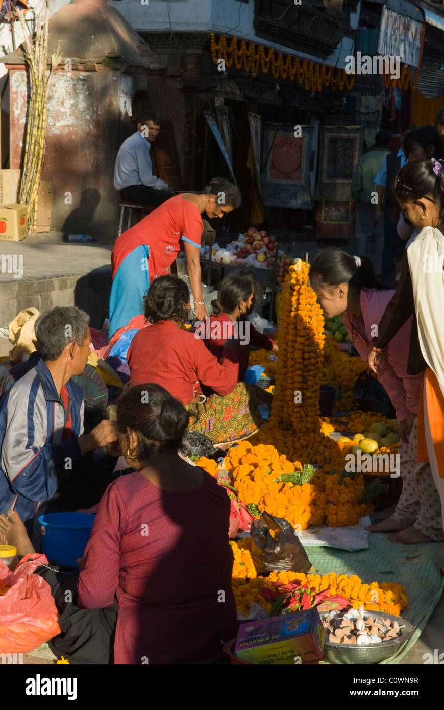Market selling marigolds for Diwali, Durbar Square, Kathmandu, Nepal. Stock Photo