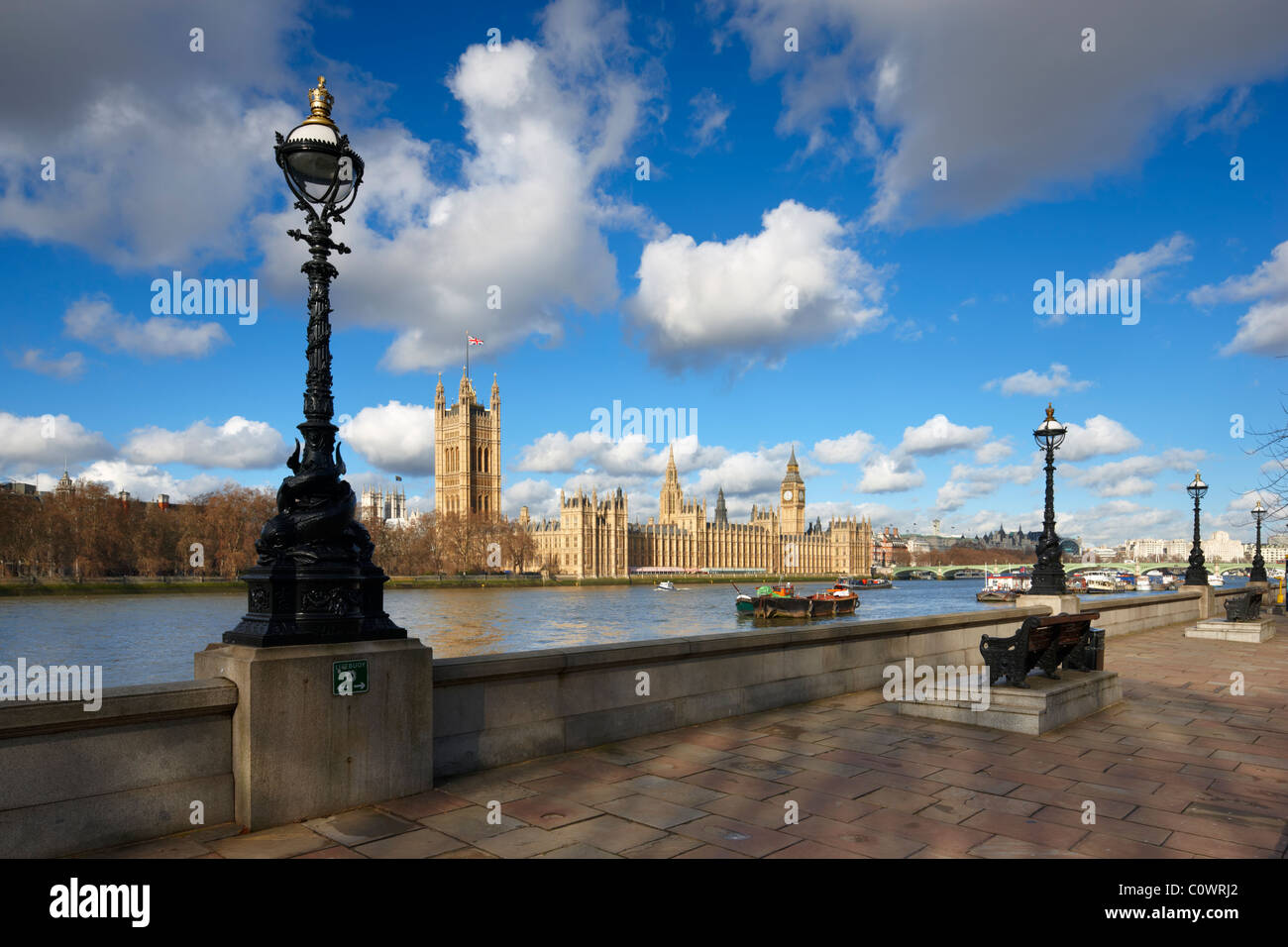View toward the Houses of Parliament from the Thames Path, Lambeth Stock Photo