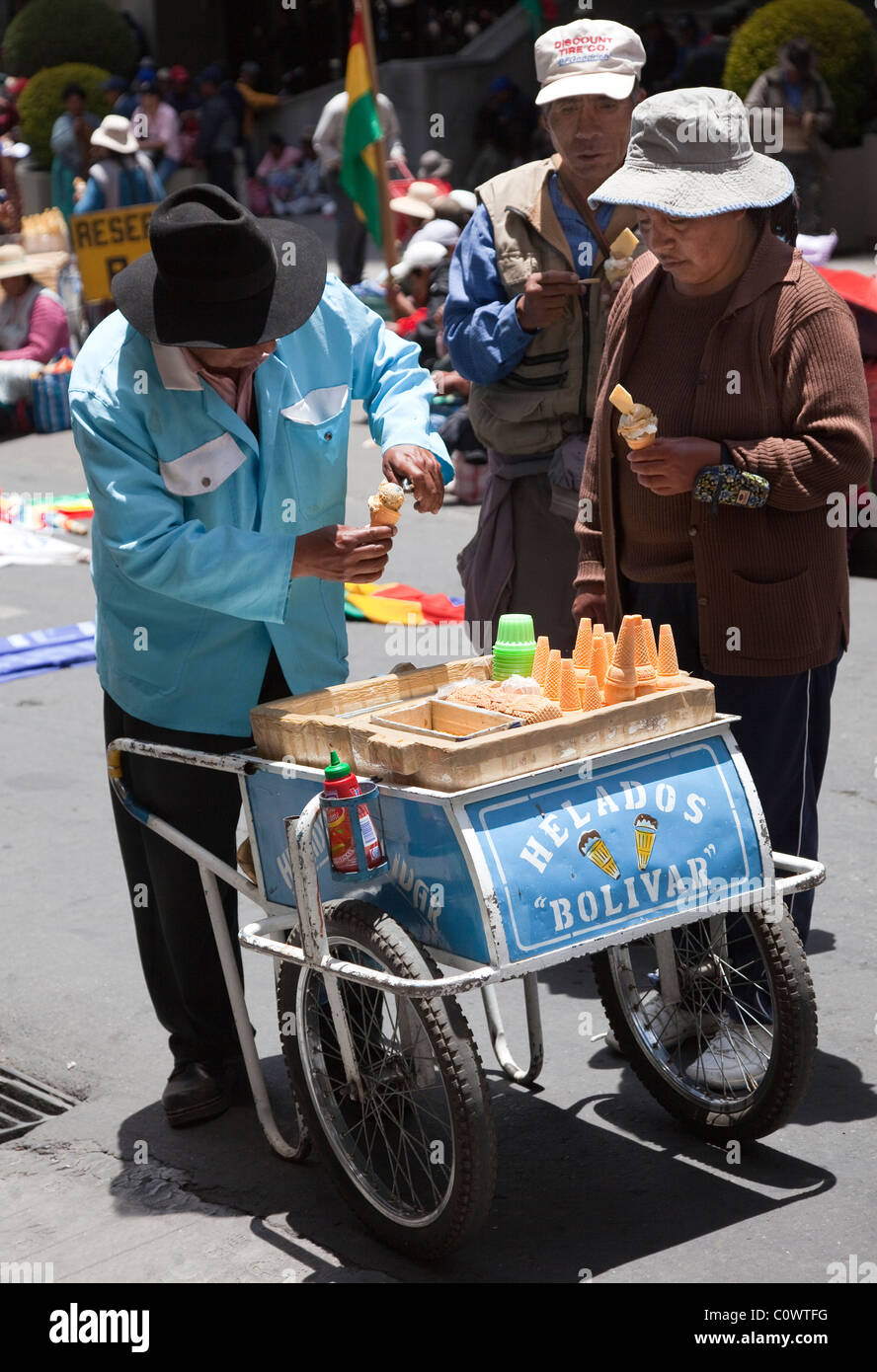 Man selling Ice cream in street in La Paz, Bolivia, South America Stock