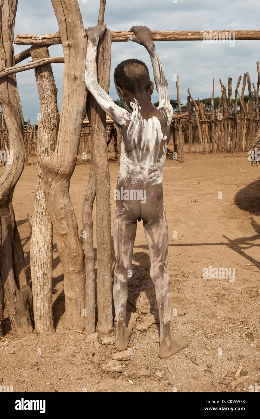 Karo boy with body paintings, Omo river valley, Southern Ethiopia Stock Photo