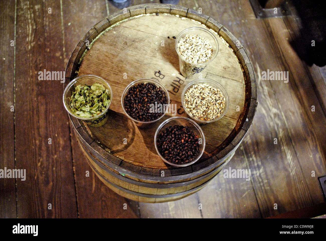 Hops, malt and barley used to make beer. Stock Photo
