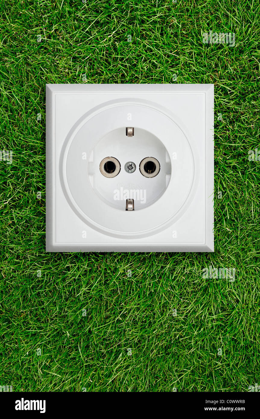 Electrical Socket on Grass. Green Energy Concept. Stock Photo