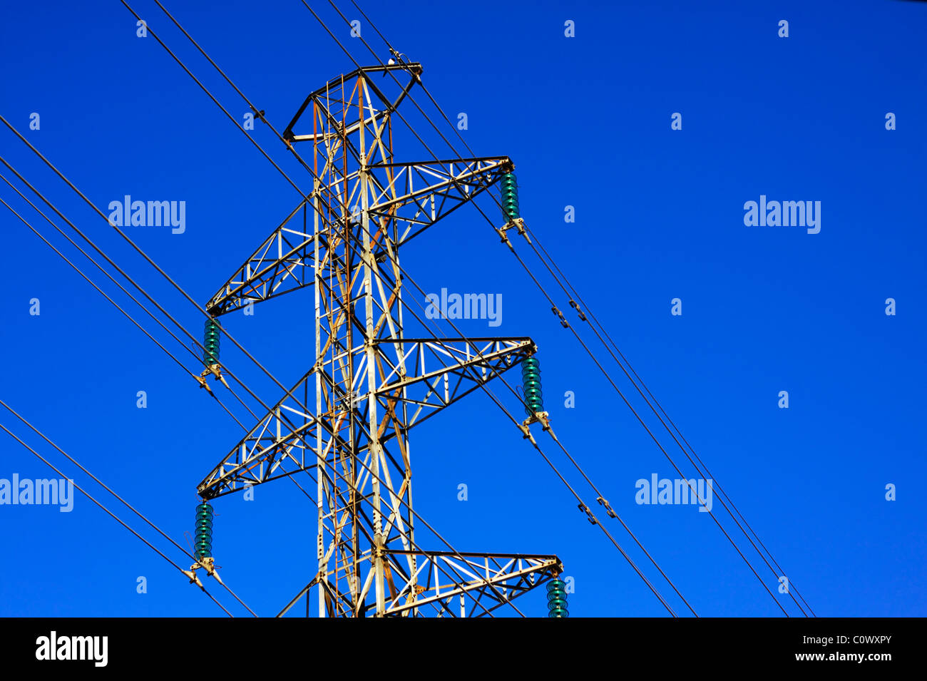 High voltage power lines on a pole Stock Photo Alamy