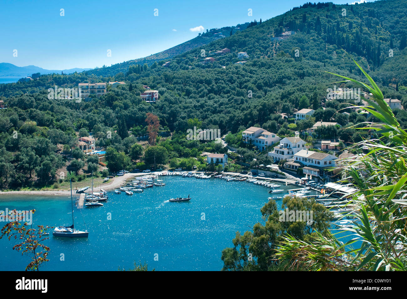 Overview of Harbour at Agios Stefanos, Corfu, Greece Stock Photo