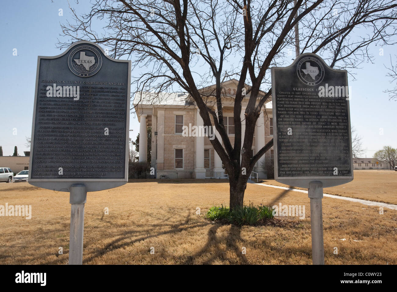 Texas historical site markers in front of Glasscock County Courthouse in small town of Garden City Texas Stock Photo