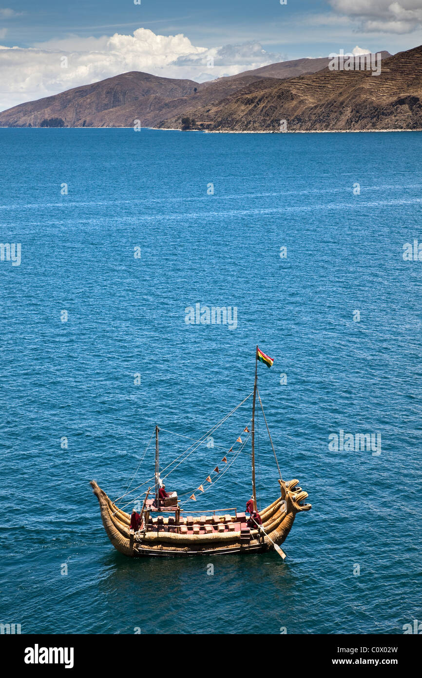 Traditional reed boat on Lake Titicaca, Bolivia, South America. Stock Photo