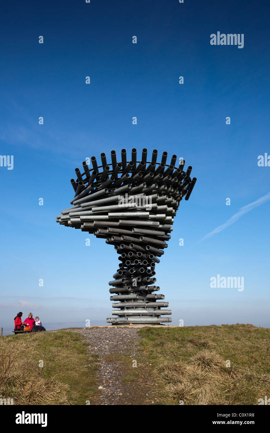 Tubular Singing "Ringing Tree" wind powered metal sound sculpture metal musical stainless steel, Pennine hill range Burnley, England, UK Stock Photo