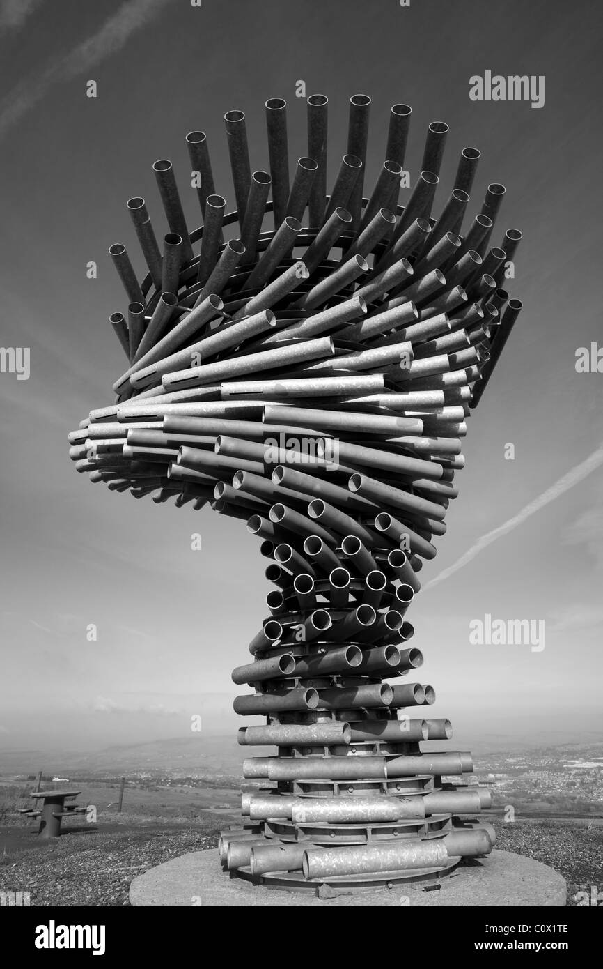 Tubular Singing "Ringing Tree" wind powered metal sound sculpture metal musical stainless steel, Pennine hill range  Burnley, England, UK Stock Photo