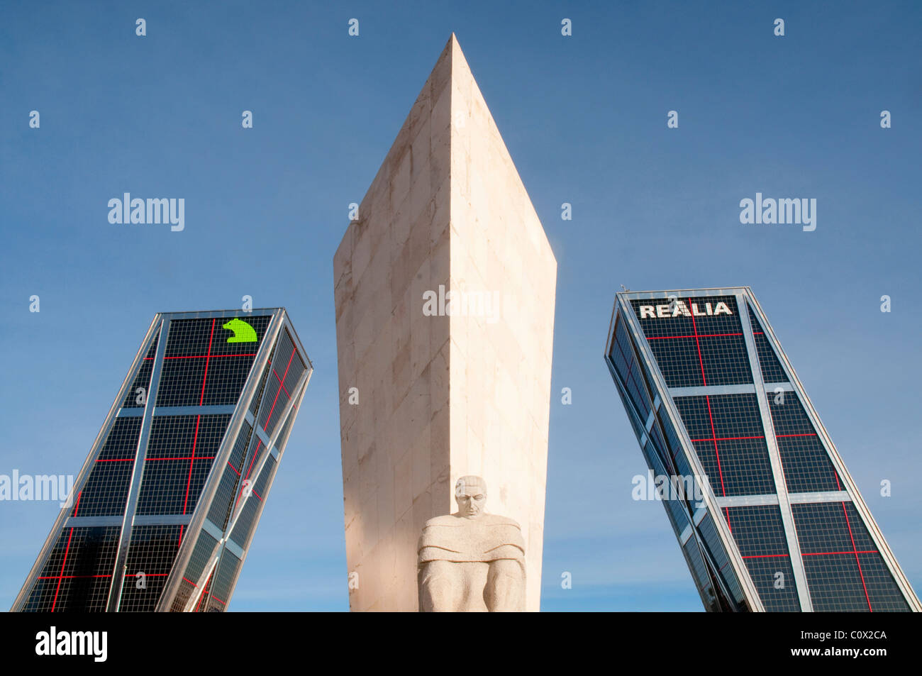 Plaza de Castilla, KIO Towers and Calvo Sotelo monument. Madrid, Spain. Stock Photo