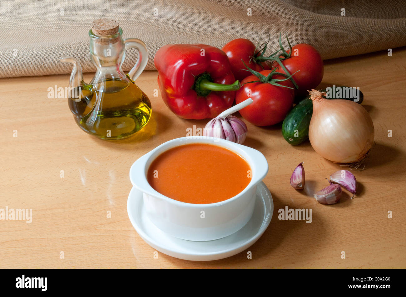 Gazpacho andaluz and ingredients. Andalucia, Spain. Stock Photo