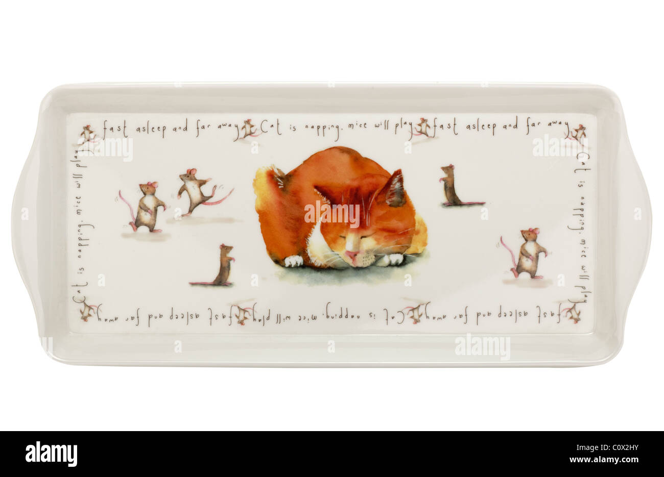 plastic oblong tray depicting a sleeping cat and mice playing Stock Photo