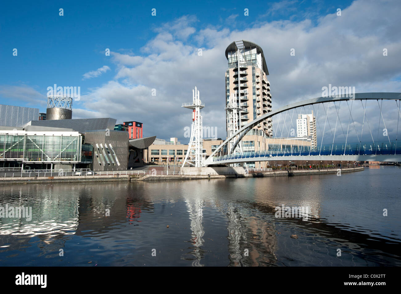Manchester, UK: Bridge over the Manchester Ship Canal at Salford Quays Stock Photo