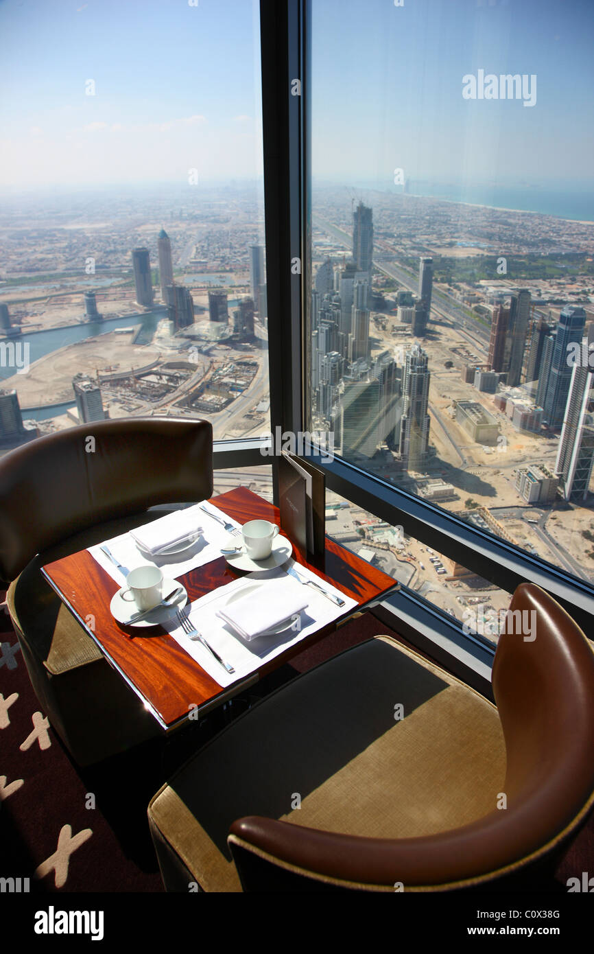 Restaurant Atmosphere at Burj Chalifa, tallest building and highest restaurant in the world. Dubai, United Arab Emirates. Stock Photo