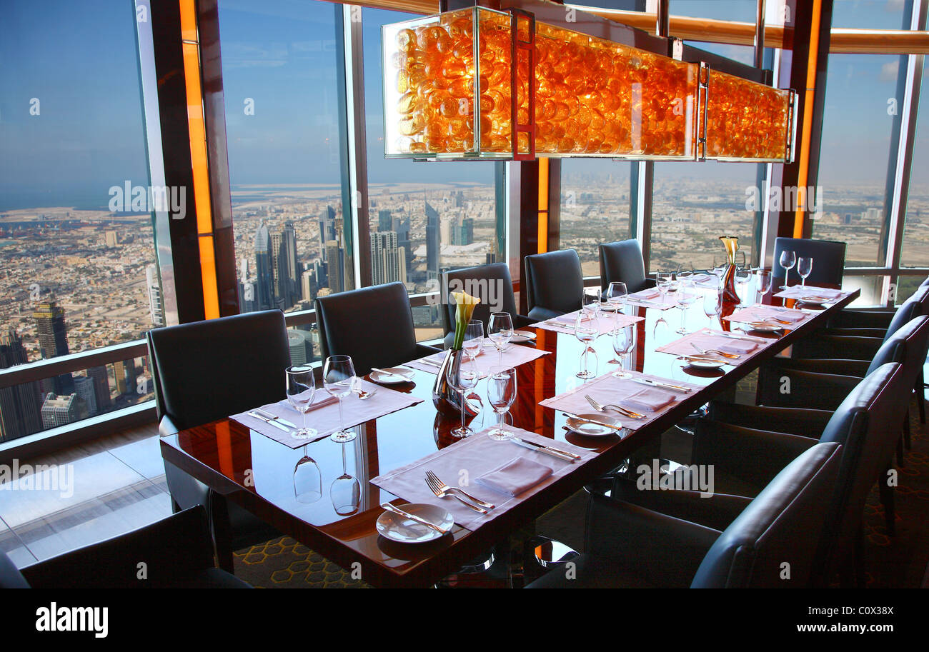 Restaurant Atmosphere at Burj Chalifa, tallest building and highest restaurant in the world. Dubai, United Arab Emirates. Stock Photo