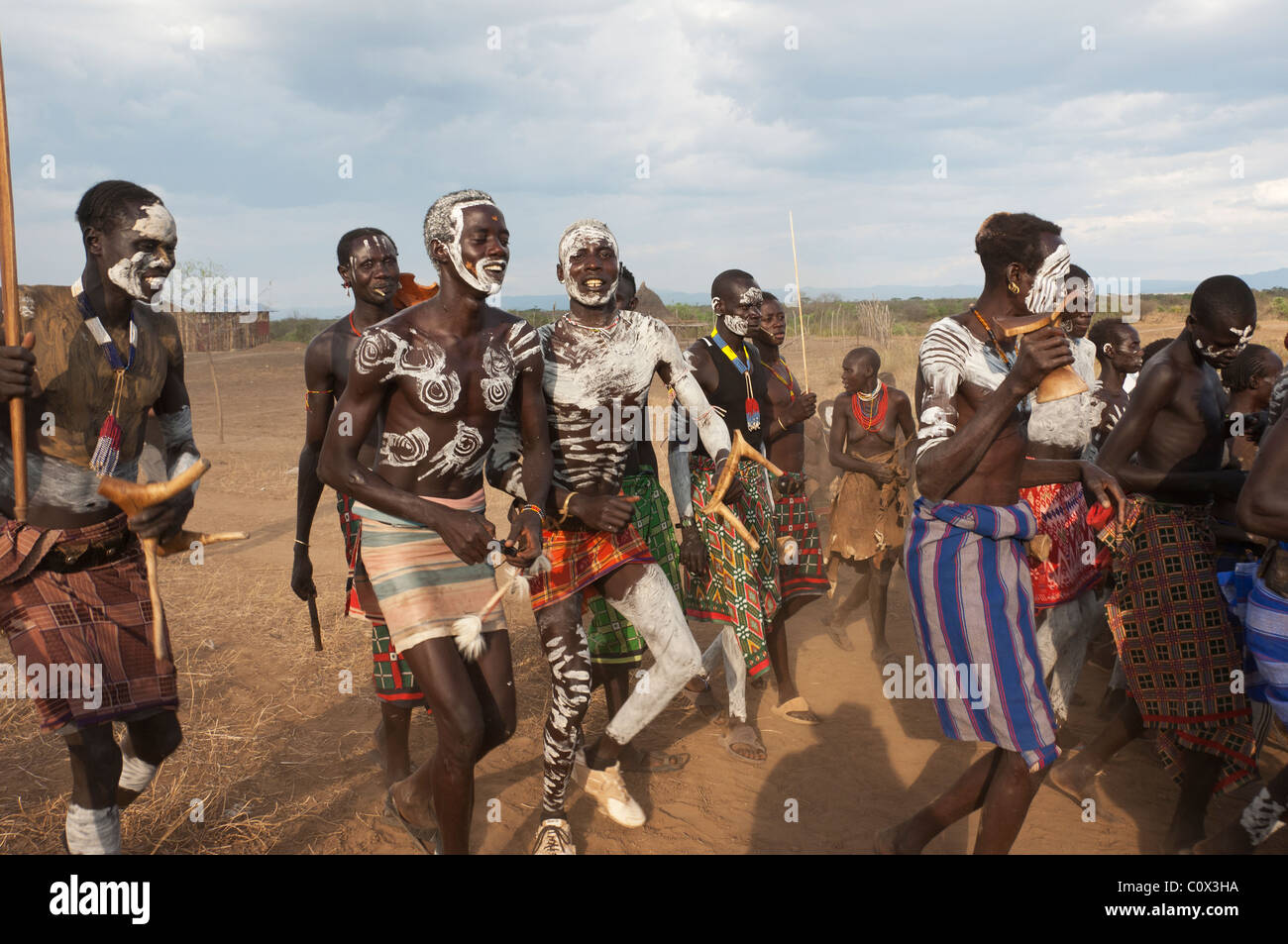 Karo People With Body Paintings Participating In A Tribal Dance Ceremony Omo River Valley