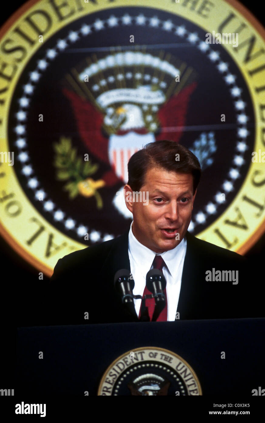 U.S. Vice President Al Gore delivers remarks before introducing President Bill Clinton during an address to religious leaders, August 14, 1997 in Washington, D.C. Clinton announced new guidelines for federal agencies to guarantee employees religious freedom. Stock Photo