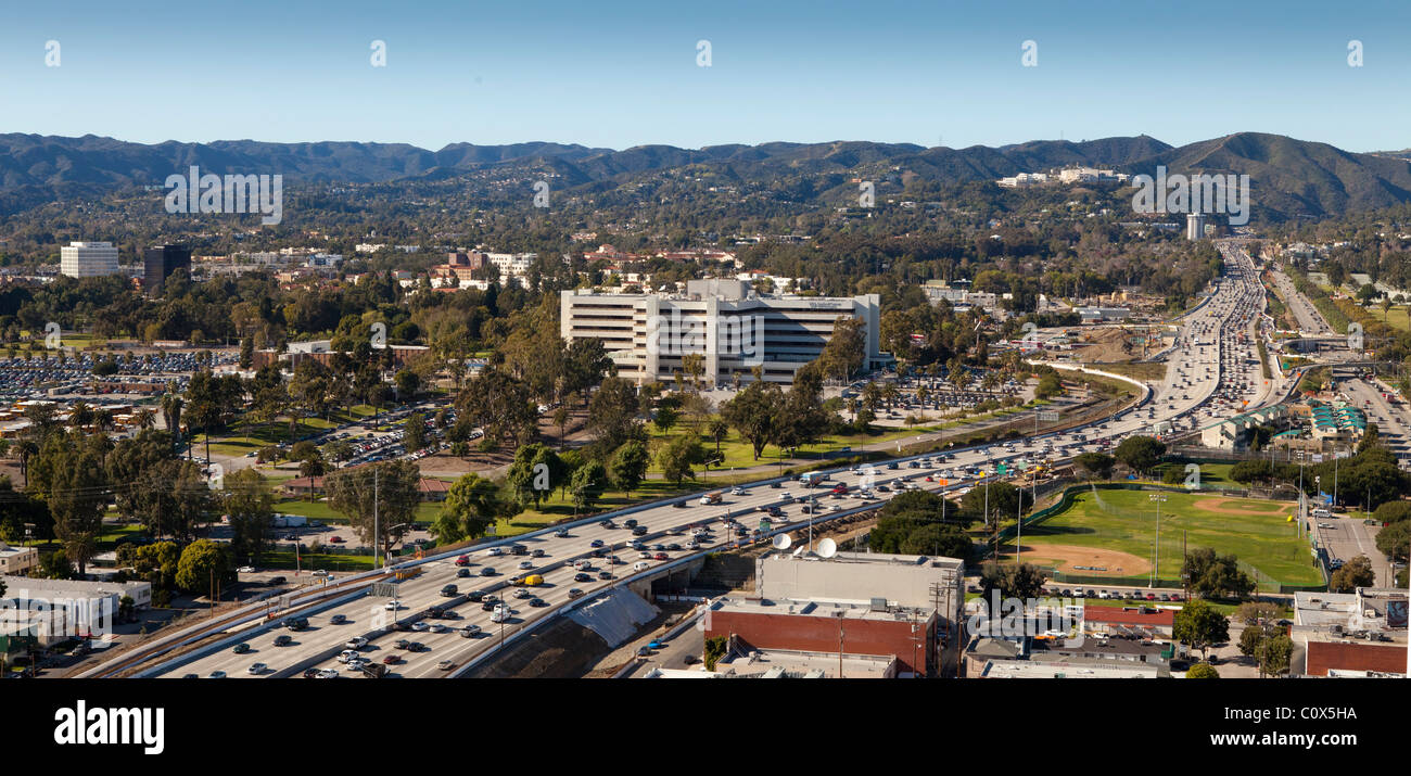 View of West Los Angeles showing the San Diego Freeway, Santa Monica Mountains, Brentwood, Getty Center Stock Photo