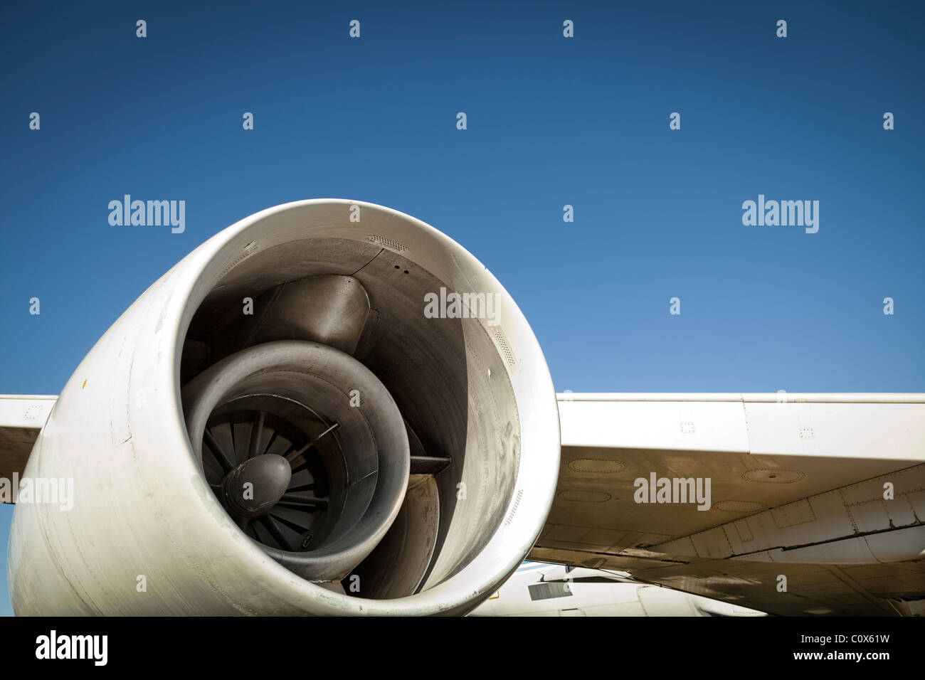 Jet aircraft plane details against blue sky. Engine.  Aircraft:  Convair CV-990 Stock Photo