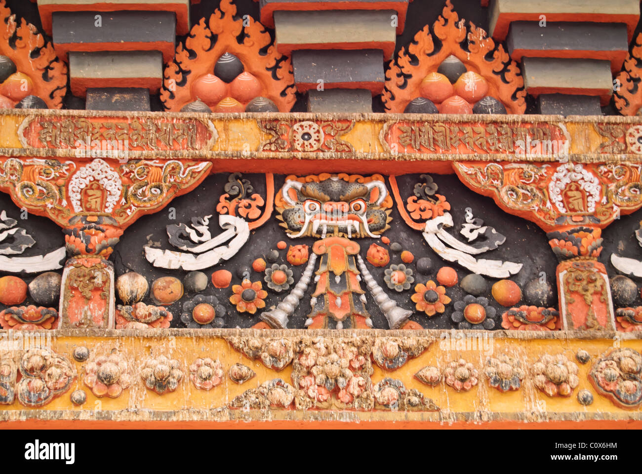 Bhutanese style decoration on a buidling in Punakha Dzong, Bhutan Stock Photo