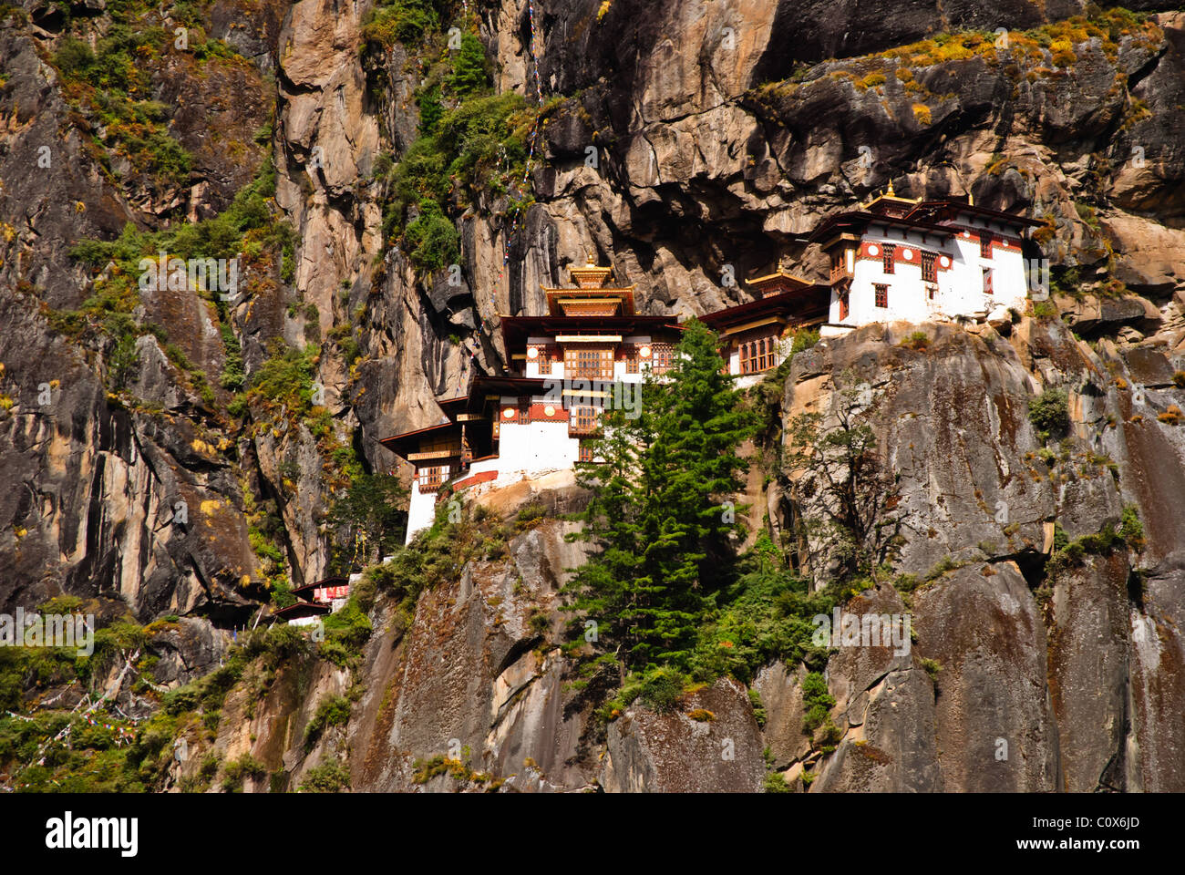 Taktsang Monastery, beautiful architectural buildings on the cliff near Paro Town. Stock Photo