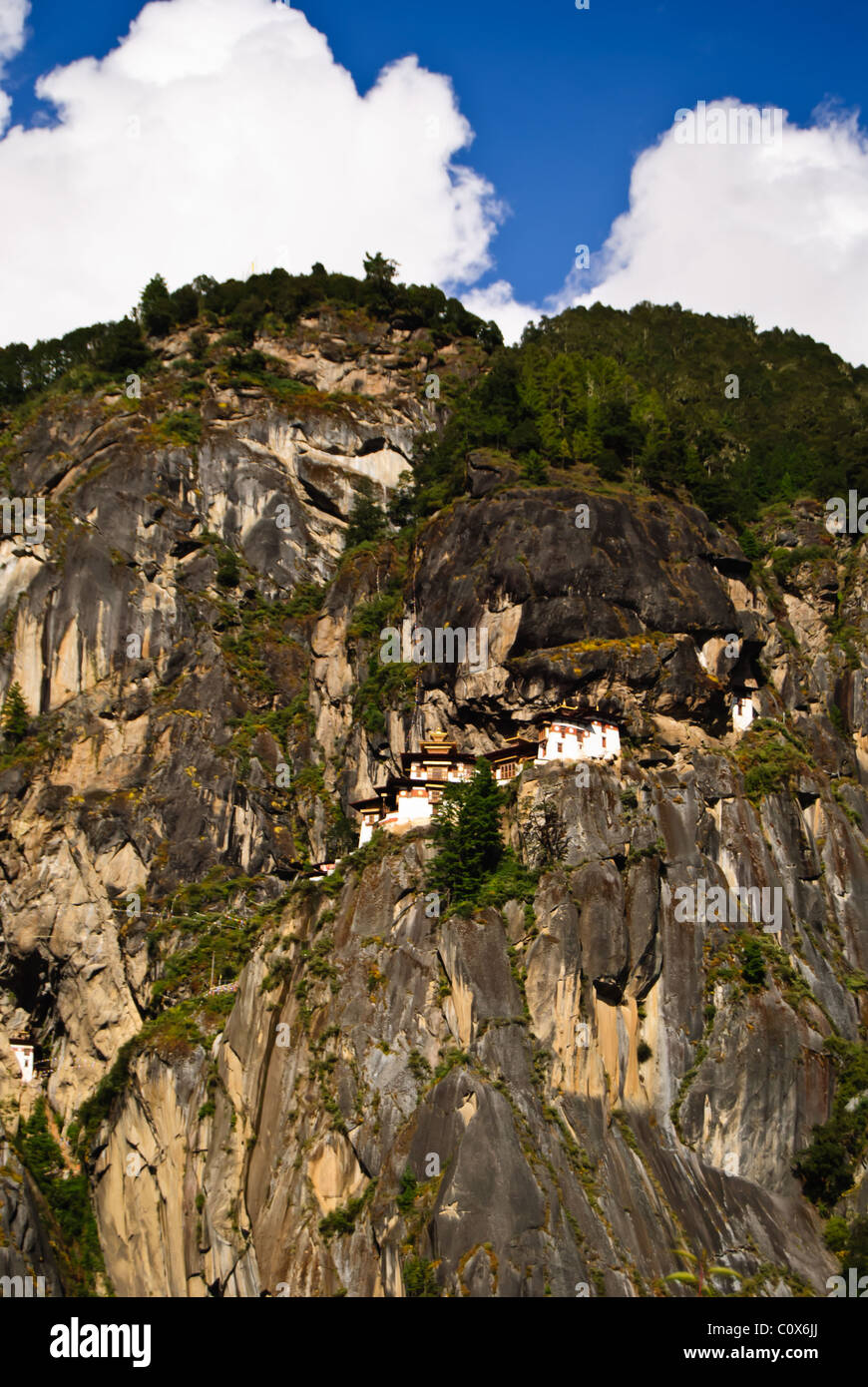 Taktsang Monastery pearching on the edge of high cliff near Paro Town. Stock Photo