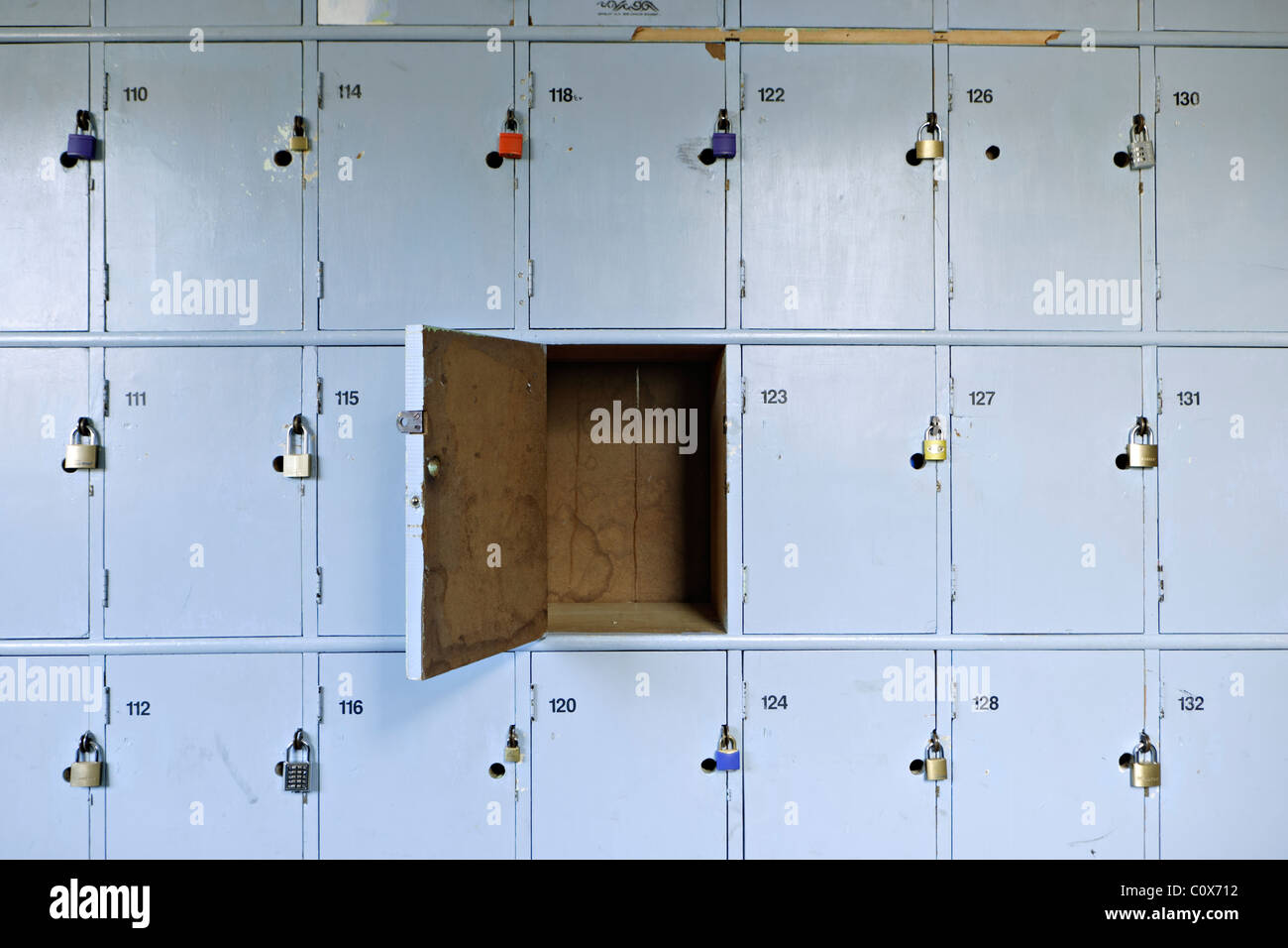School lockers with padlocks. Stock Photo