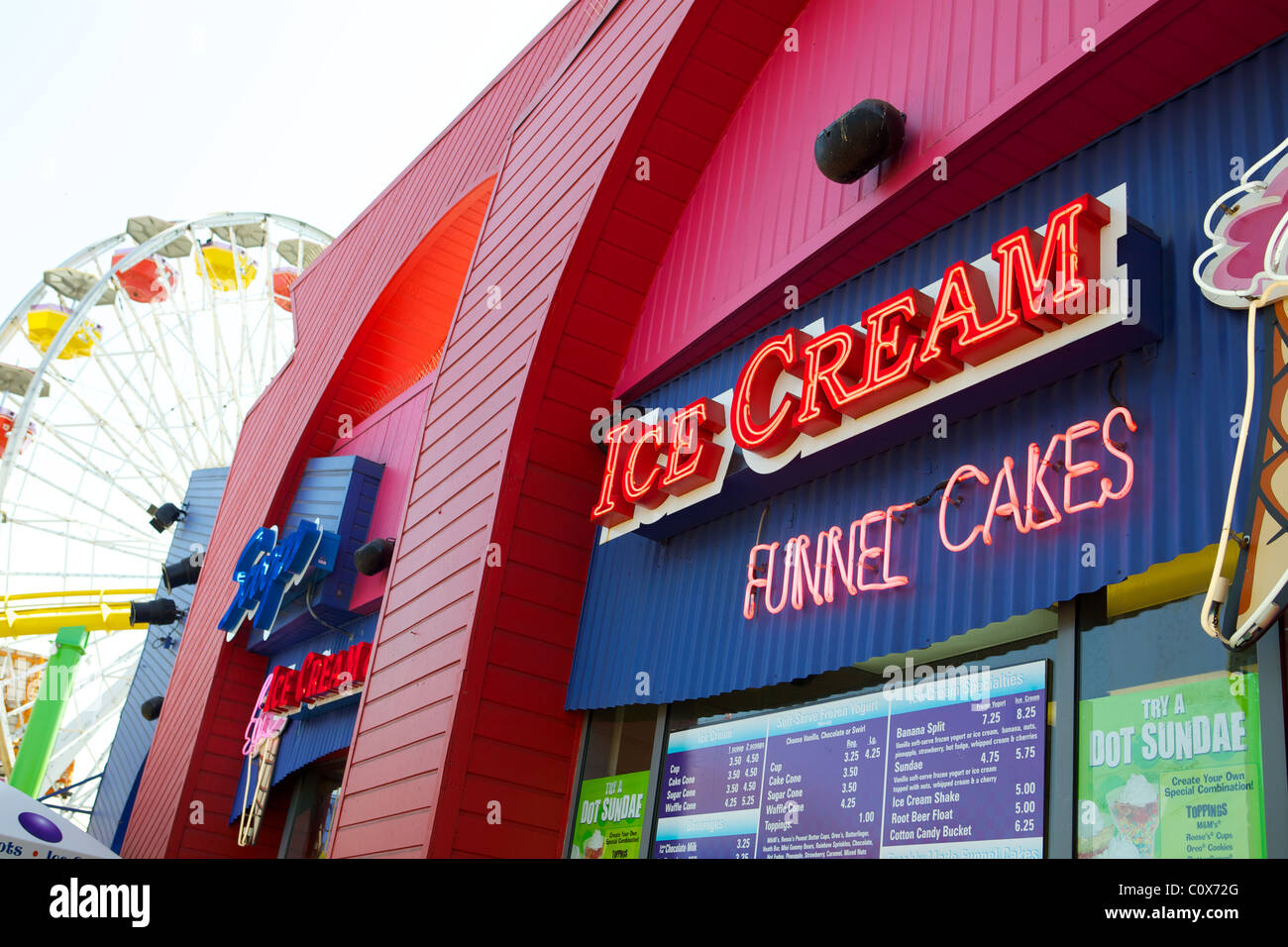 Pacific Park funnel cakes and ice cream vendor, Santa Monica Pier Stock