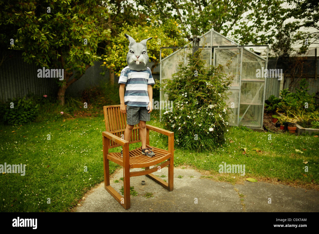 Boy with rabbit mask stands on chair in garden Stock Photo