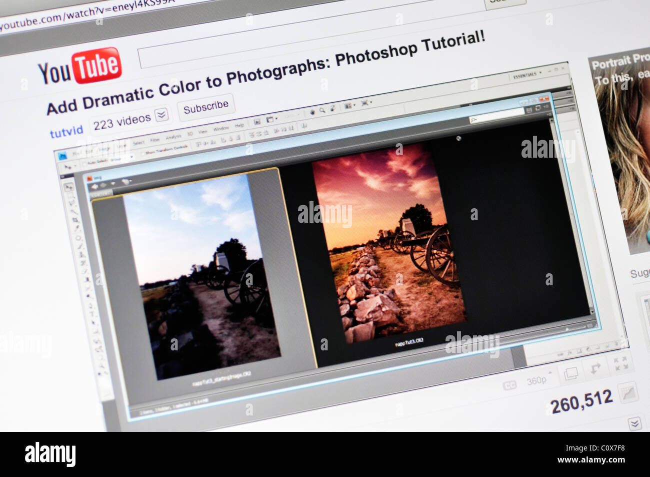 Youtube website - Photo editing tutorial with Photoshop Stock Photo - Alamy