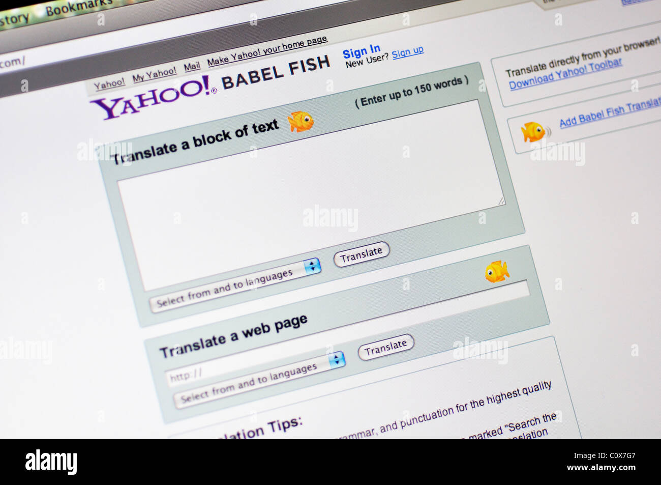 Yahoo Babel Fish website - free online translator Stock Photo