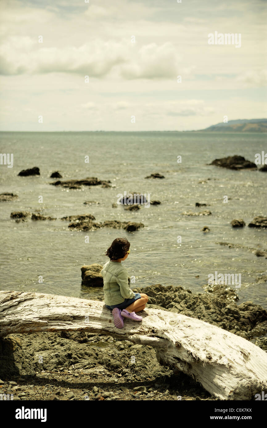Girl sits on driftwood log and looks out across ocean, New Zealand Stock Photo