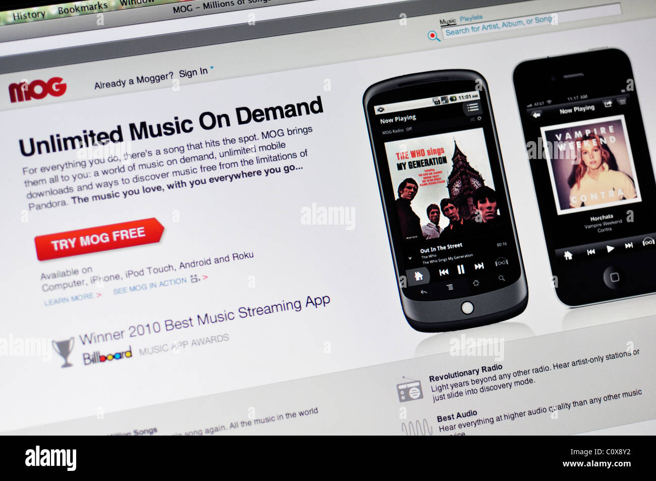 Apps for mobile phones mog music on demand website stock photo alamy
