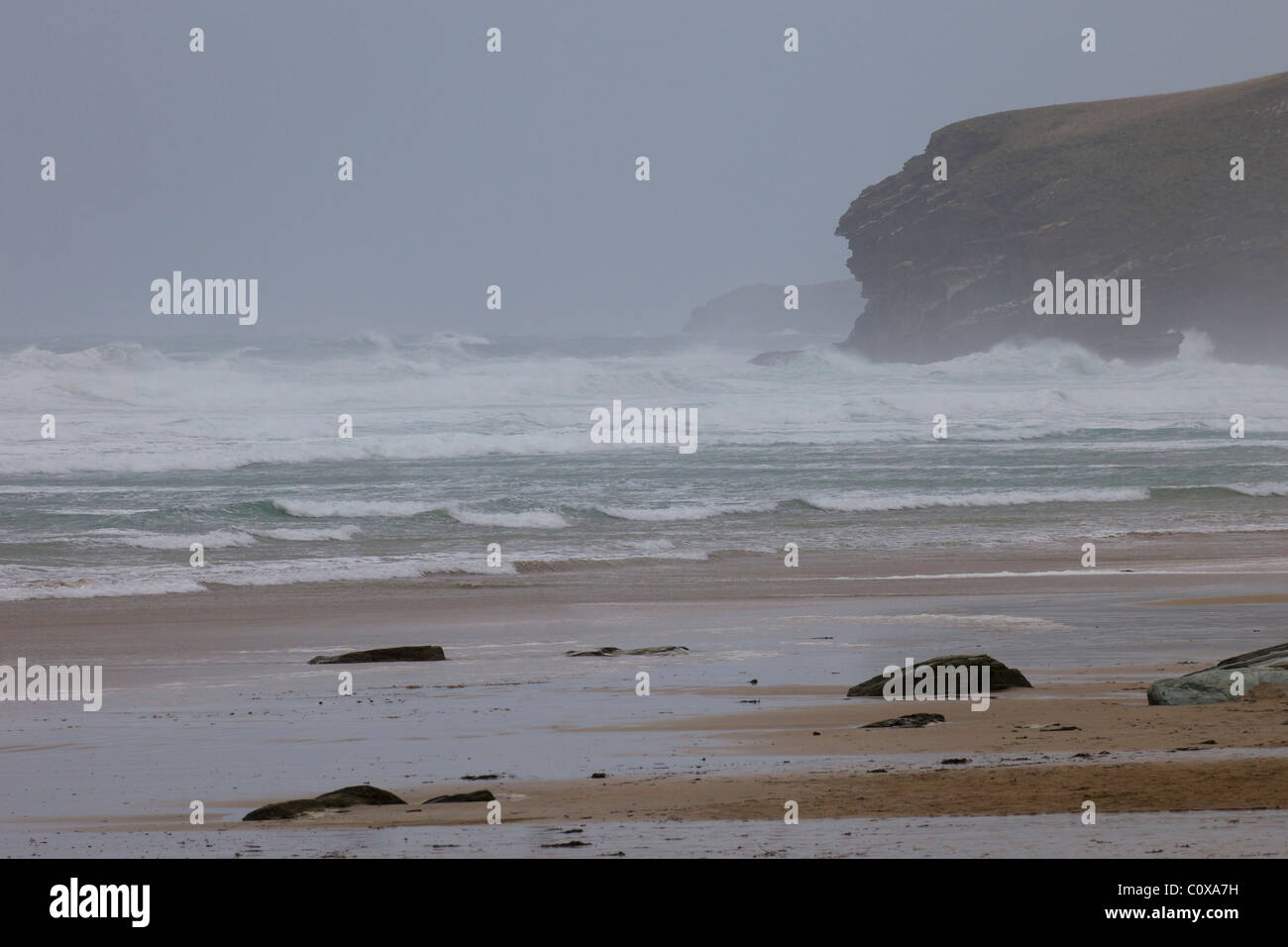 Surf from winter storm, Watergate Bay, Newquay, Cornwall, South West England, UK, United Kingdom, GB, Great Britain, Stock Photo
