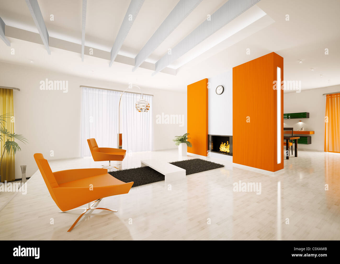 Modern apartment interior with fireplace 3d render Stock Photo - Alamy - Textured Apartment Interiors With Fireplaces
