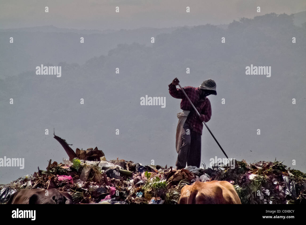 A Nicaraguan man recollects trash for recycling in the garbage dump La