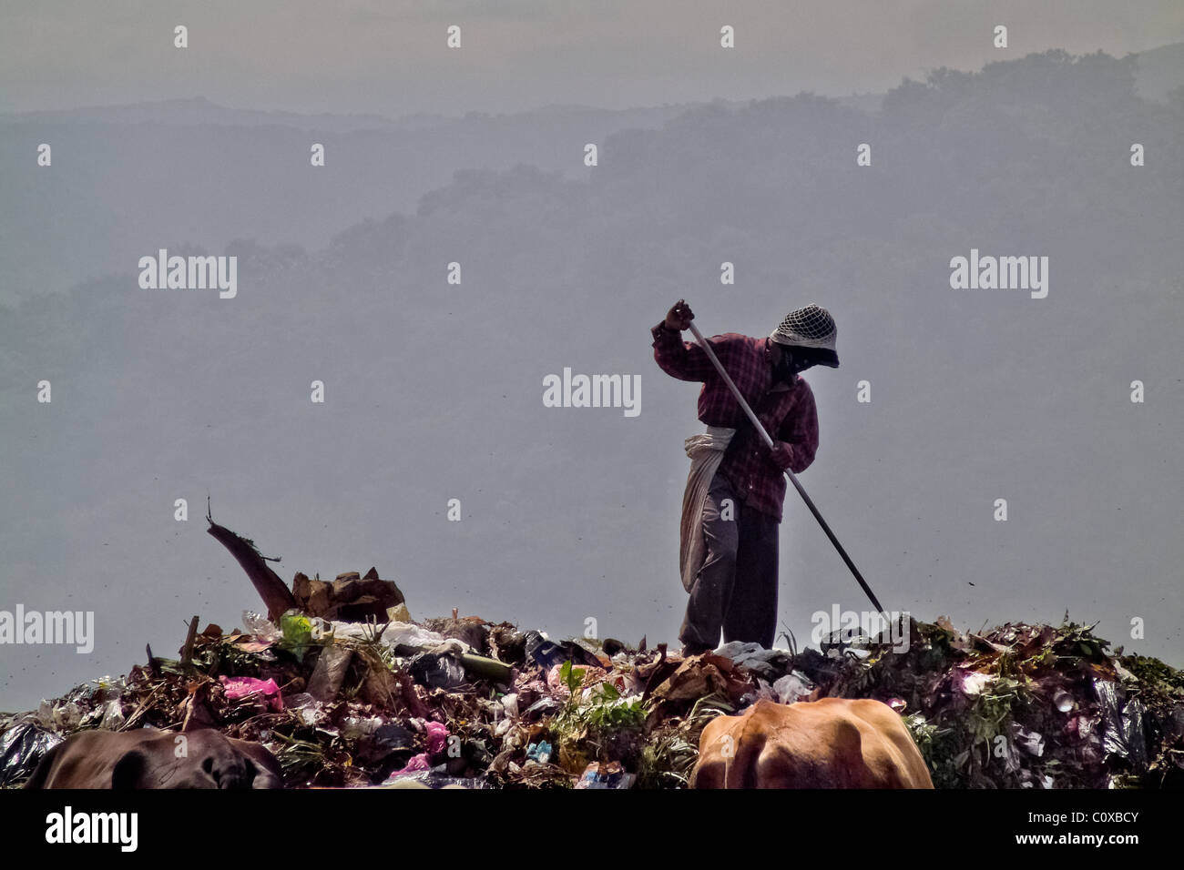 A Nicaraguan man recollects trash for recycling in the garbage dump La Chureca, Managua, Nicaragua. Stock Photo