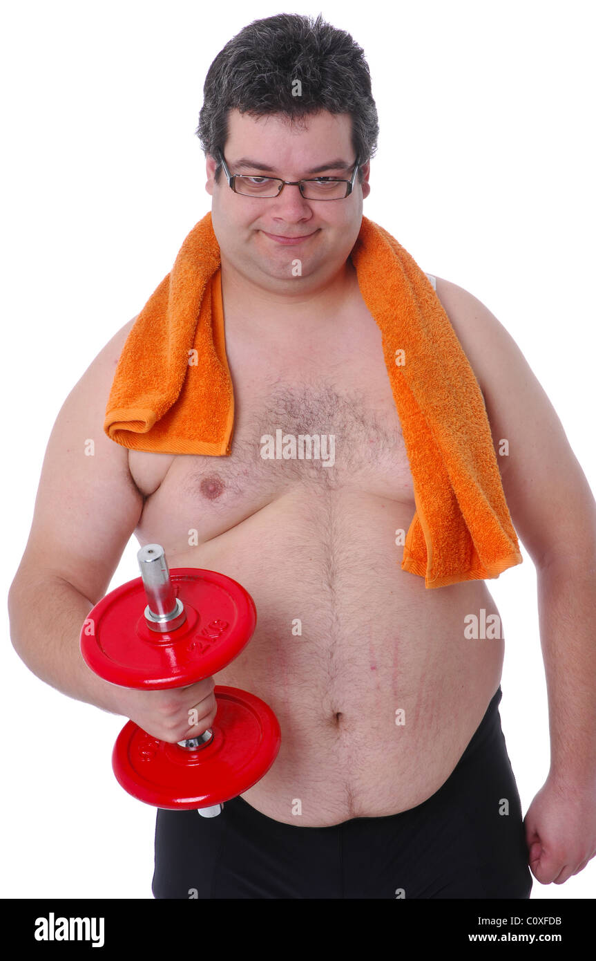 Fat man doing workout with dumbells with orange towel Stock Photo