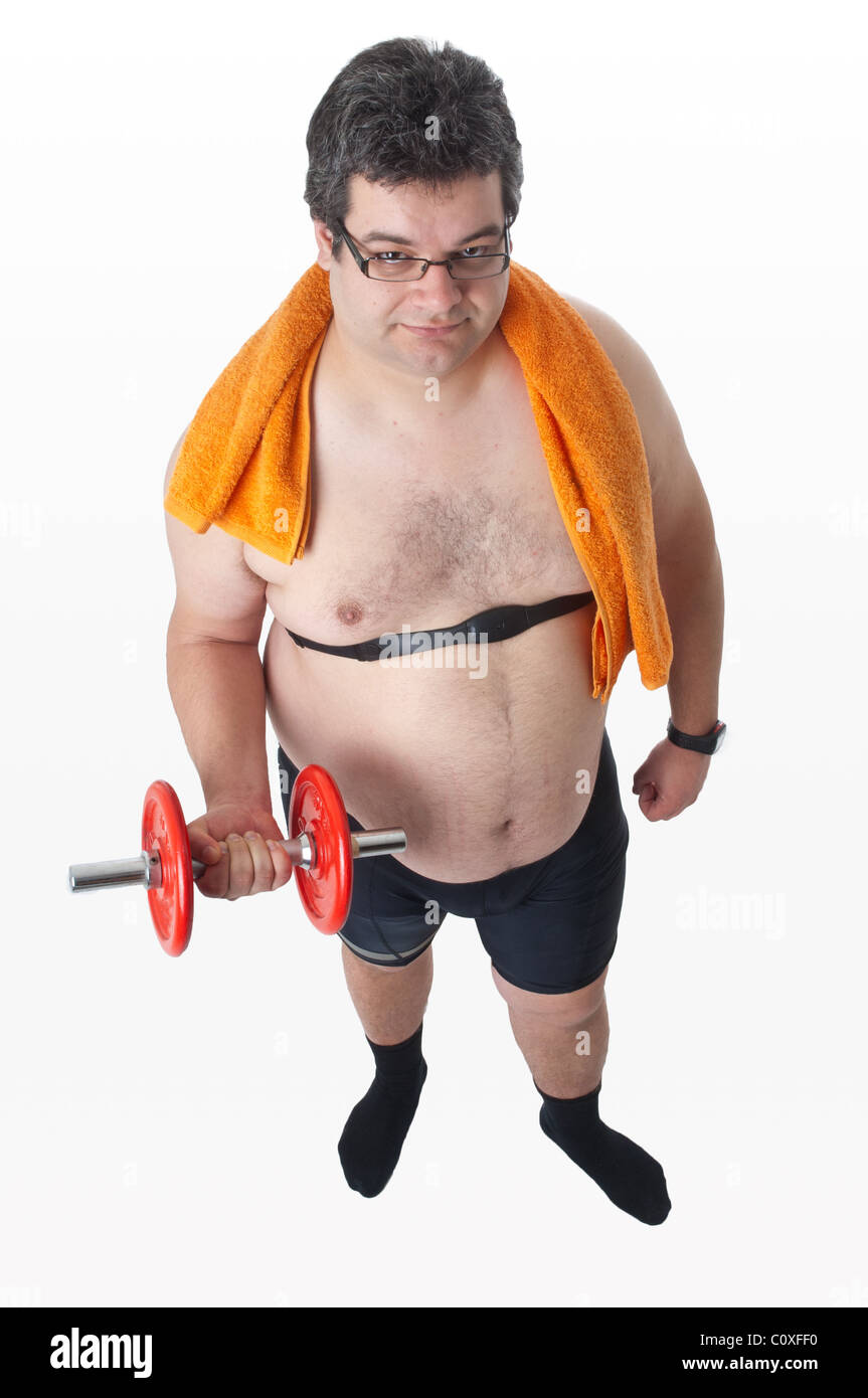 Fat man doing workout with dumbells, during training Stock Photo